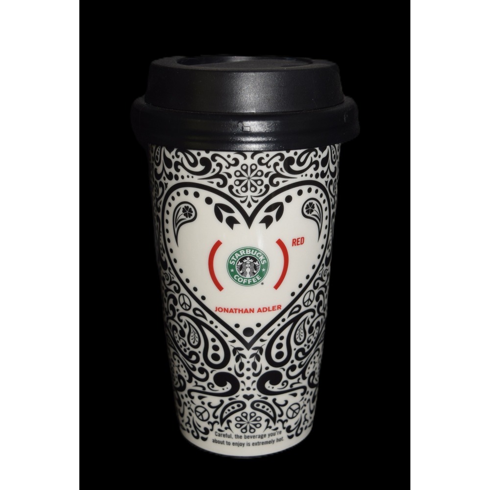 Starbucks Jonathan Adler RED Travel Tumbler 12oz White Black Paisley Heart Good